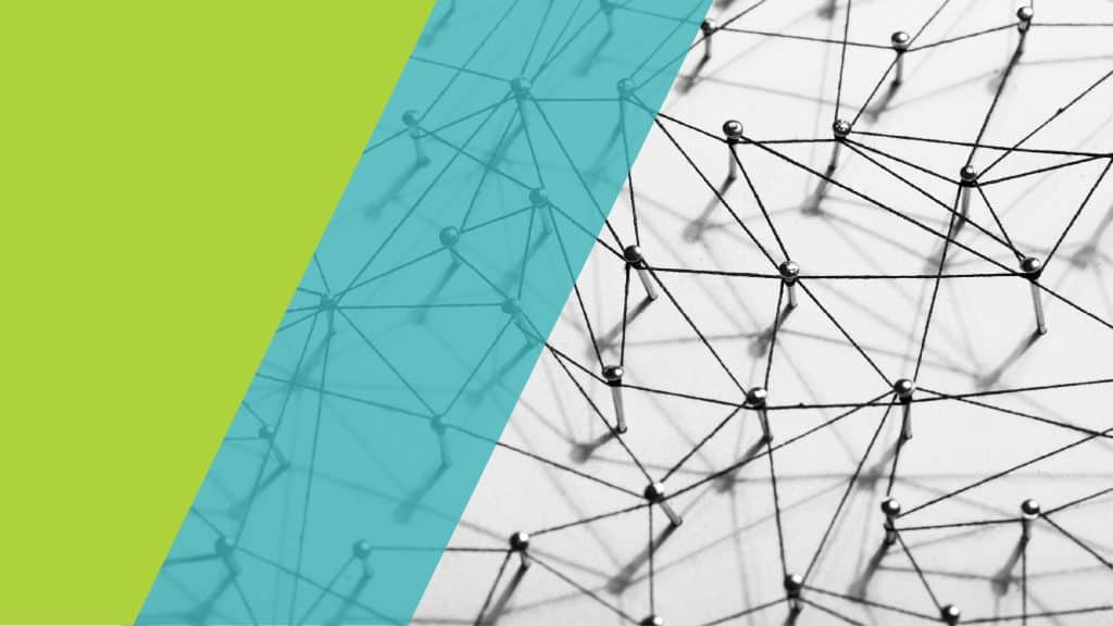 Un réseau de points et de fils entrelacés, symbolisant une connexion ou une structure en réseau complexe.