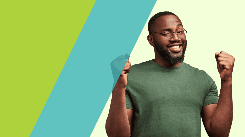 Visuel BL Agents pour le Pack Gratuit - Homme barbu souriant avec des lunettes, levant les poings en signe de victoire, sur fond coloré vert et bleu.