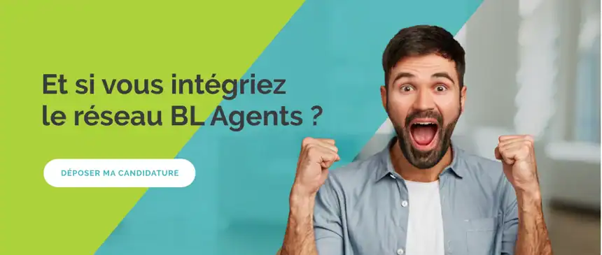 Homme enthousiaste levant les poings, avec le texte "Et si vous intégriez le réseau BL Agents ?" et un bouton "Déposer ma candidature".